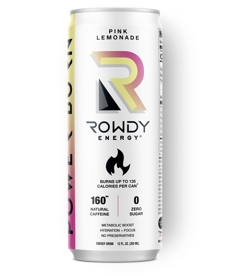 pink lemonade rowdy energy drink power burn zero sugar energy drink with electrolytes and amino acids